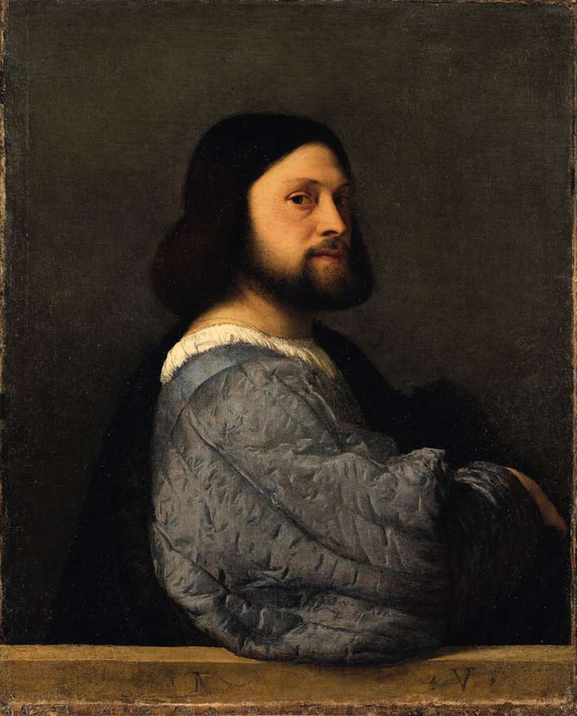 London National Gallery Next 20 08 Titian - Portrait of a Man with a Quilted Sleeve Titian  Portrait of a Man with a Quilted Sleeve, 1512 81 x 66 cm. It has been plausibly suggested that the assertive unknown man in this portrait, is Titian himself when young. Subverting the Venetian convention by which a parapet defines the picture plane, locating the sitter behind it, Titians elbow in the blue sleeve projects beyond the stone ledge, off the canvas into our space. A monogram, T V, is carved into the parapet.
